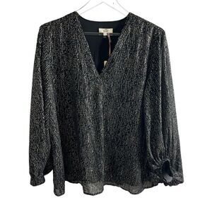 Entro V-Neck Long Sleeve Black‎ Gold Speckled Top size large Balloon Sleeve NWT